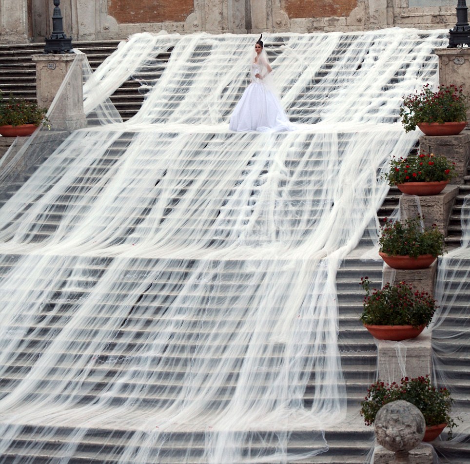The longest wedding dress in the world at the Trinita de Monti